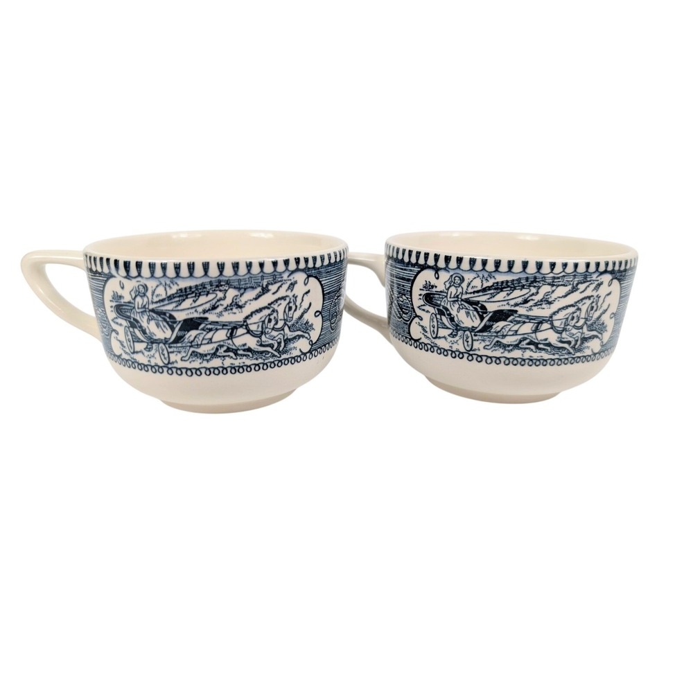 Royal China Currier & Ives Set Of 2 Old Homestead Horse Blue White Cups Vintage